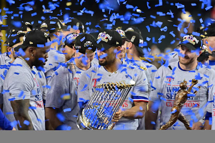 Texas Rangers second baseman Marcus Semien celebrates defeating the Arizona Diamondbacks to win the World Series in game five of the 2023 World Series at Chase Field.